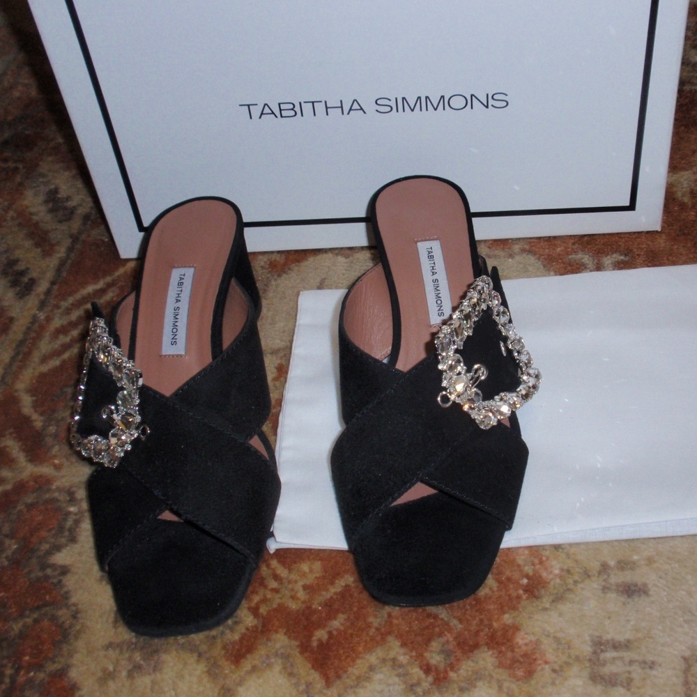 Tabitha Simmons Selena Crystal Black Suede Slide Heel Shoes Size 37.5 New in Box